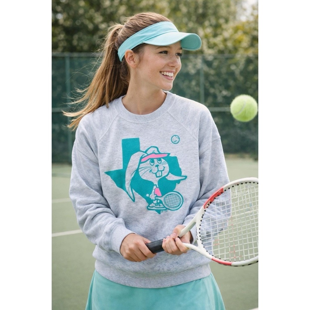 VTG 90s 2-side Gray Sweatshirt- Bunny Playing Tennis State TX Logo VTG Medium